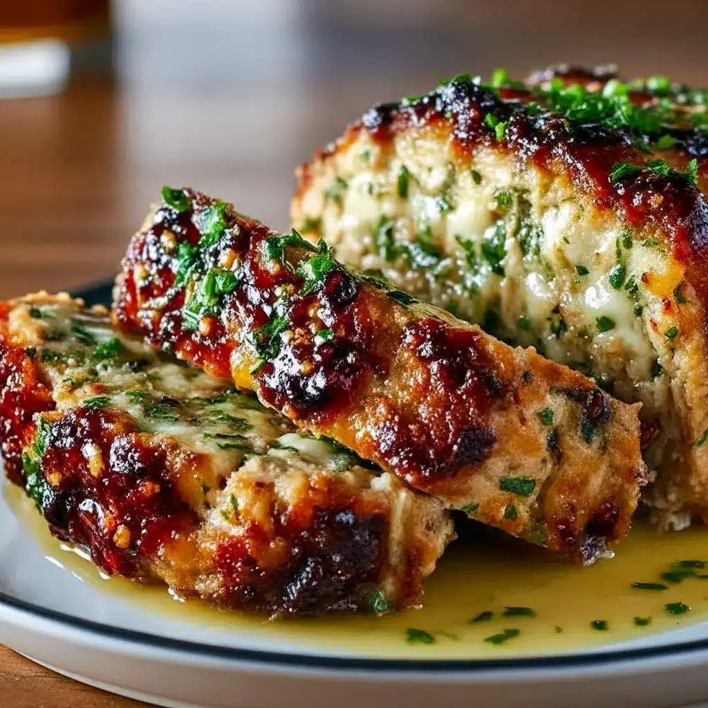 Melt In Your Mouth Garlic Parmesan Chicken Meatloaf Recipe sliced on a plate with mashed potatoes and a parsley sprinkle.