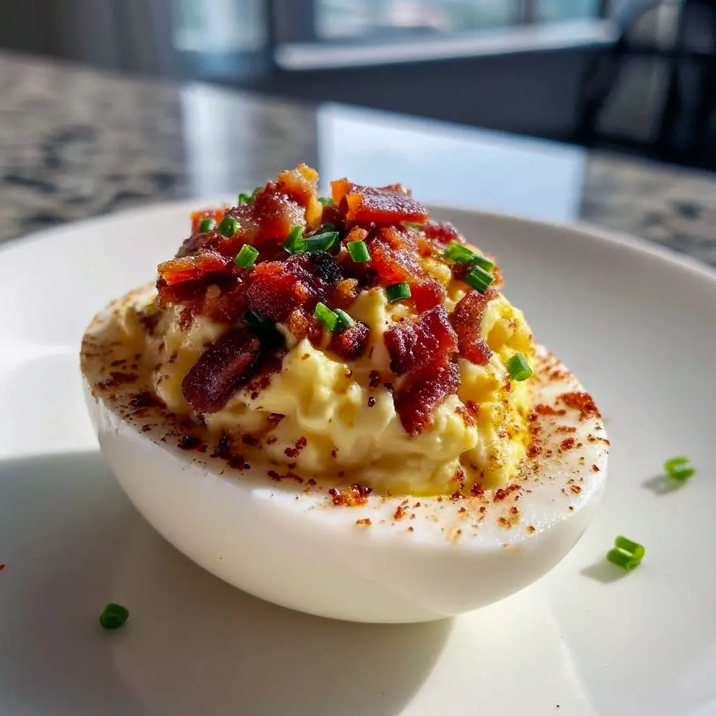 Close-up of halved deviled eggs piped with creamy yolk filling, topped with crumbled bacon, smoked paprika, and chopped chives on a white serving platter, Stuffed Deviled Eggs.