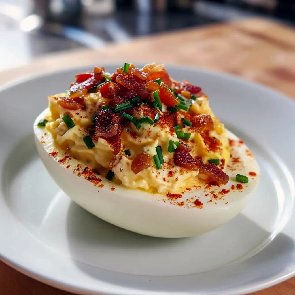 Close-up of halved deviled eggs piped with creamy yolk filling, topped with crumbled bacon, smoked paprika, and chopped chives on a white serving platter, Stuffed Deviled Eggs.