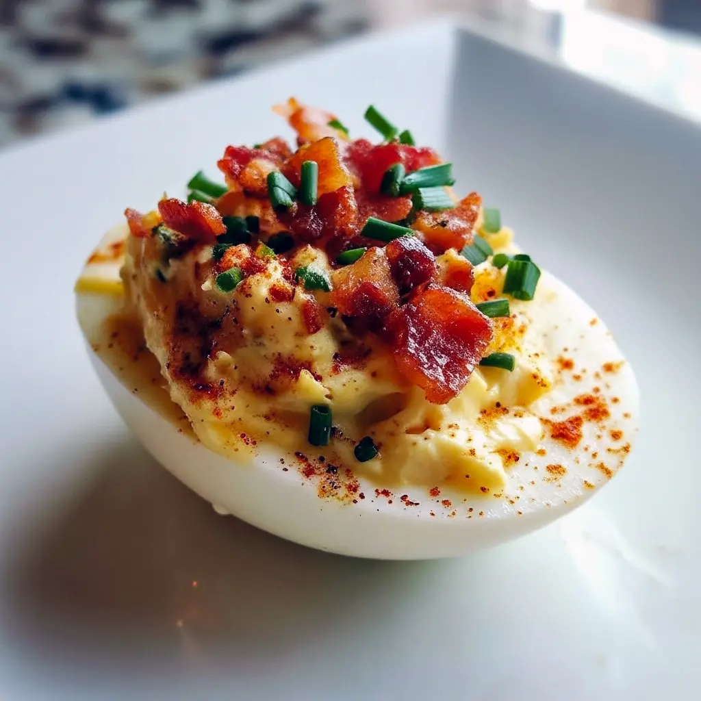 Close-up of halved deviled eggs piped with creamy yolk filling, topped with crumbled bacon, smoked paprika, and chopped chives on a white serving platter, Stuffed Deviled Eggs.