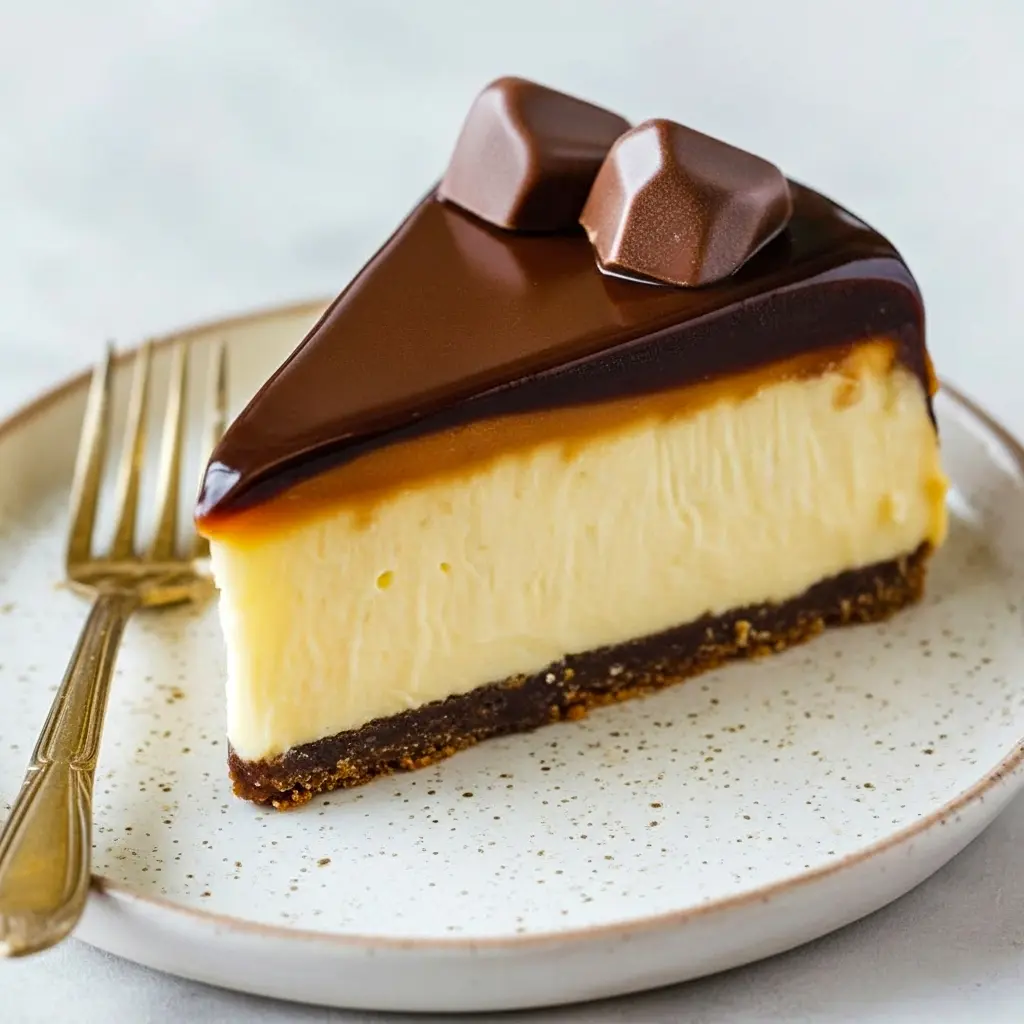 A slice of Millionaires Cheesecake showing a Buttery Biscuits-like crust, silky Creamy Cheesecake center, and warm Caramel Sauce dripping over the edge.
