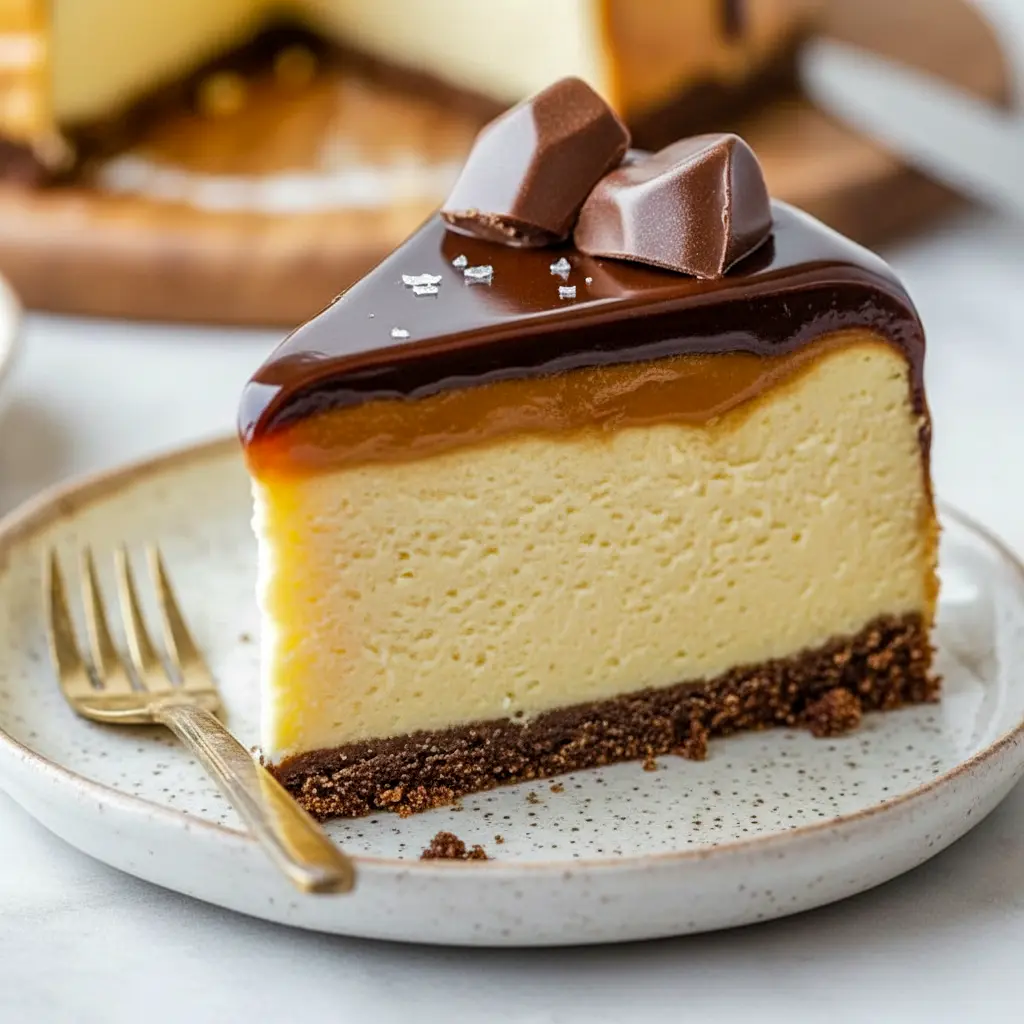 A slice of Millionaires Cheesecake showing a Buttery Biscuits-like crust, silky Creamy Cheesecake center, and warm Caramel Sauce dripping over the edge.