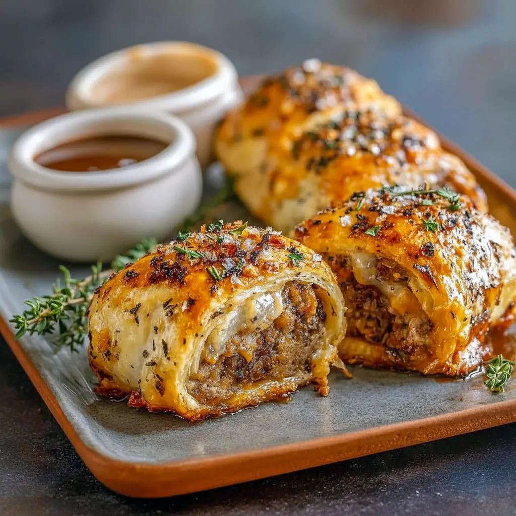 Golden puff pastry rolls on a baking sheet, filling peeking out with caramelized onions and a glossy egg-wash finish, Homemade Sausage Rolls Recipe.
