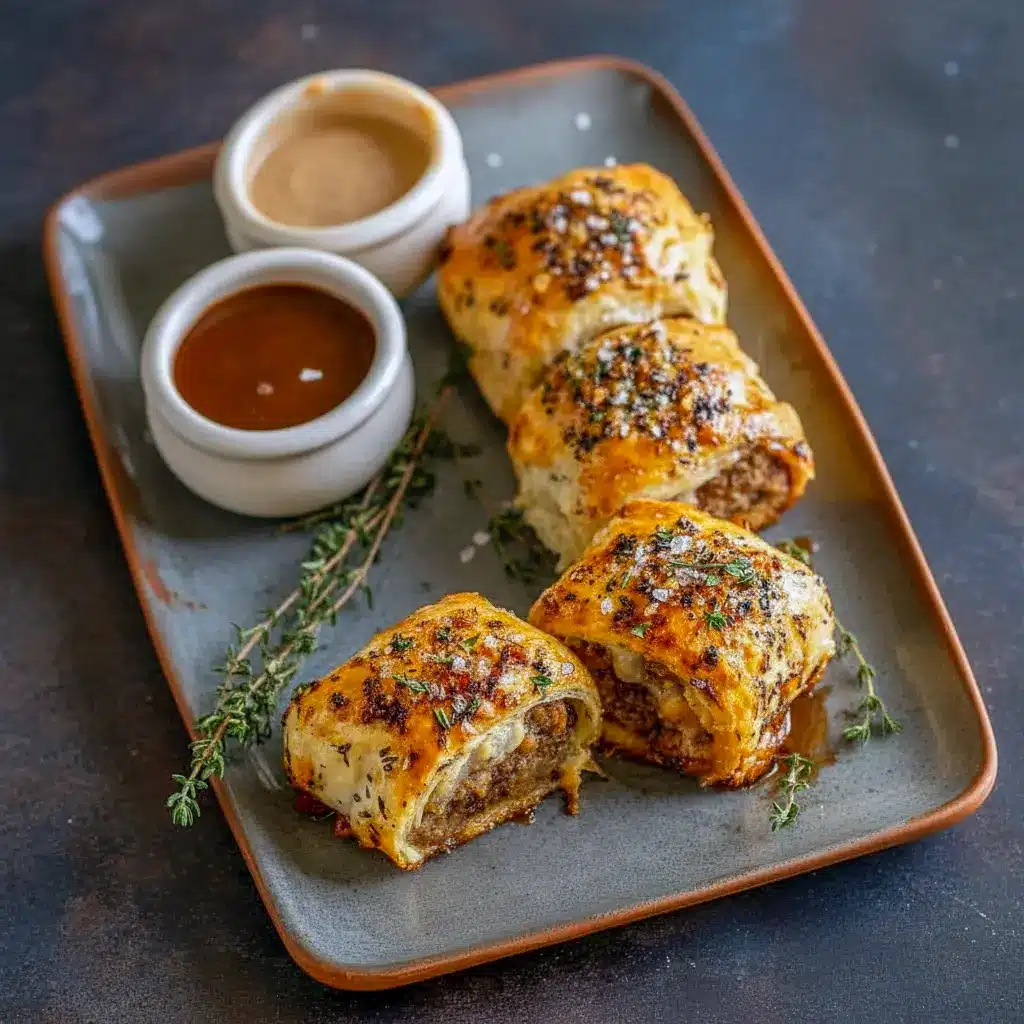 Golden puff pastry rolls on a baking sheet, filling peeking out with caramelized onions and a glossy egg-wash finish, Homemade Sausage Rolls Recipe.