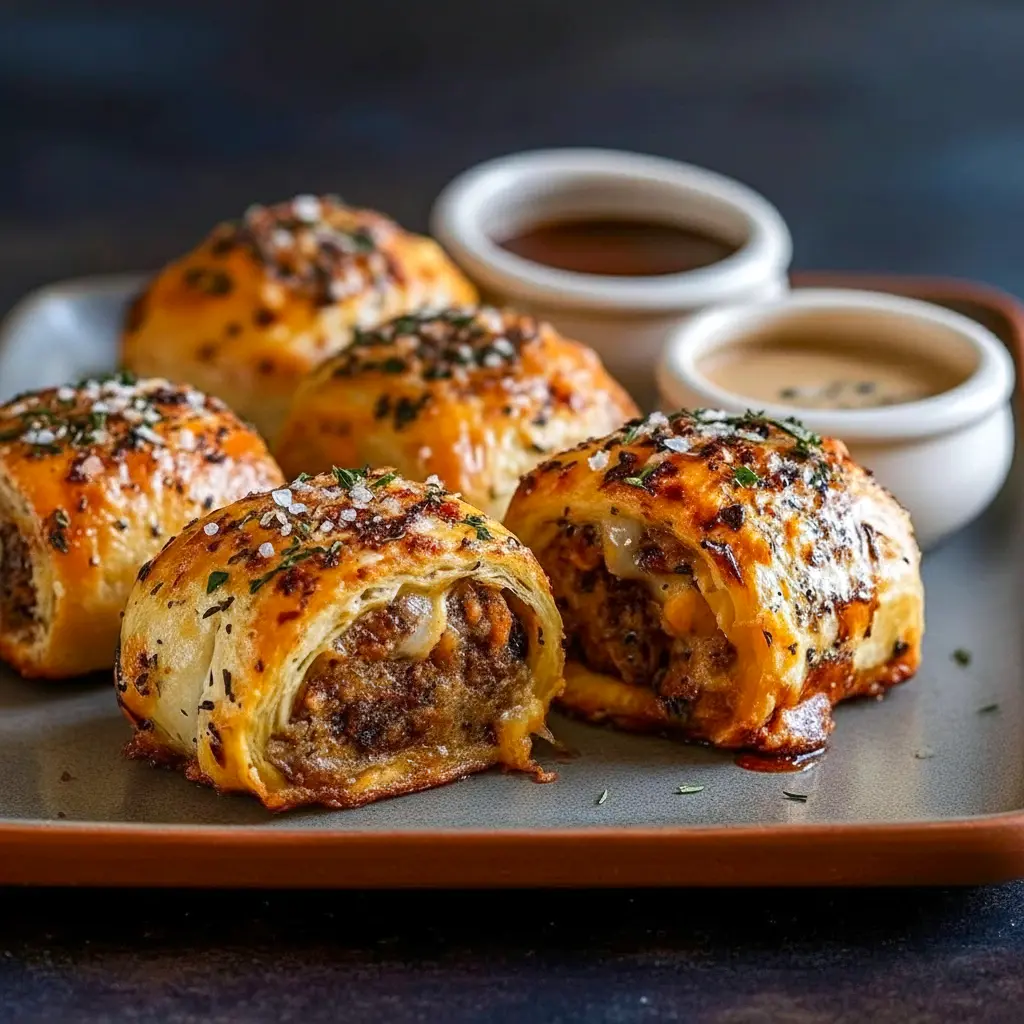 Golden puff pastry rolls on a baking sheet, filling peeking out with caramelized onions and a glossy egg-wash finish, Homemade Sausage Rolls Recipe.