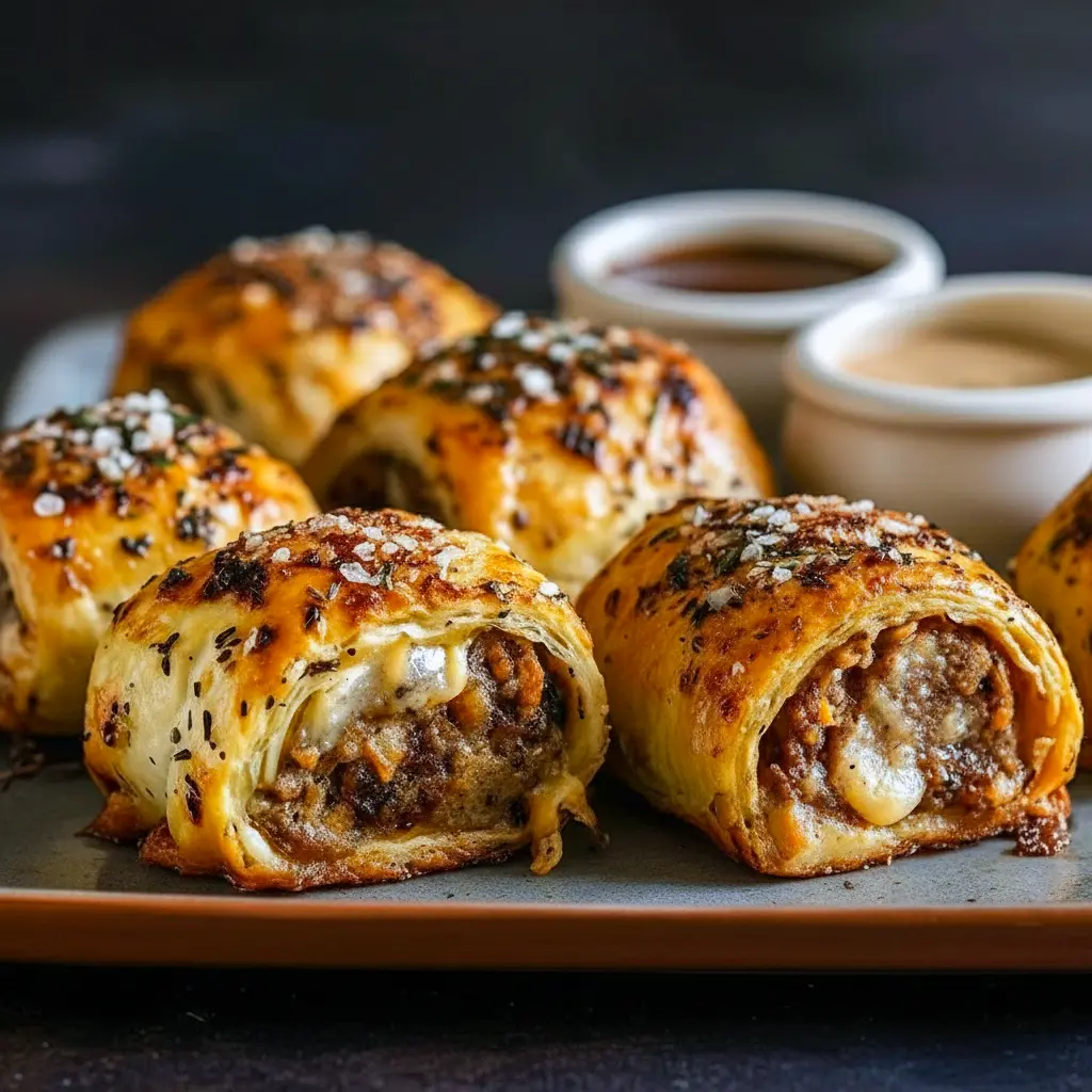 Golden puff pastry rolls on a baking sheet, filling peeking out with caramelized onions and a glossy egg-wash finish, Homemade Sausage Rolls Recipe.