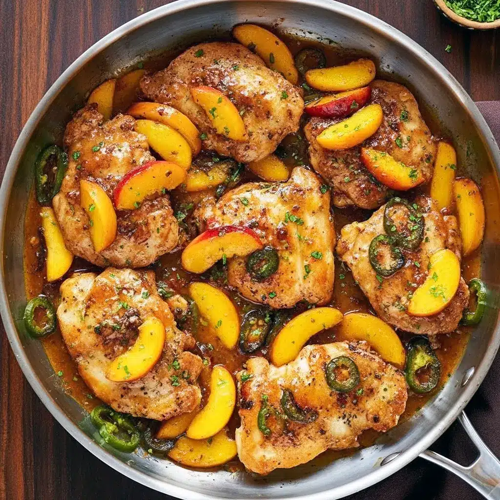 Skillet of glossy peach-glazed chicken thighs topped with sliced jalapeños and fresh peach slices, ready to serve, Spicy Peach Chicken Recipe.