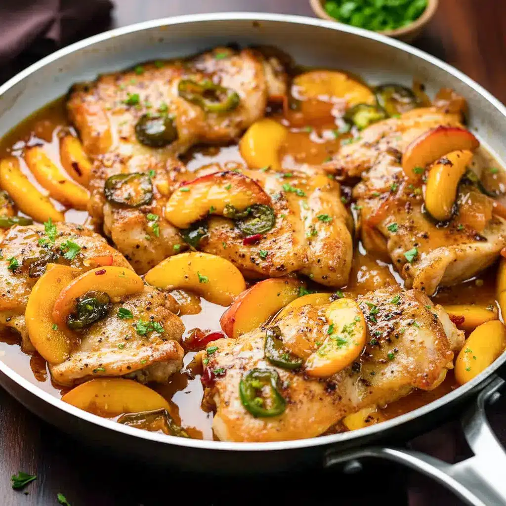 Skillet of glossy peach-glazed chicken thighs topped with sliced jalapeños and fresh peach slices, ready to serve, Spicy Peach Chicken Recipe.