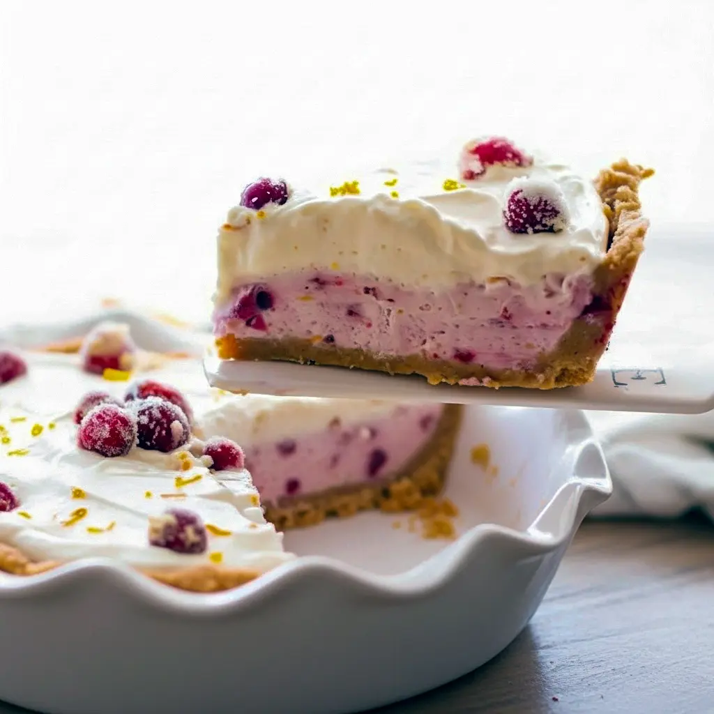 Slice of no-bake cranberry orange cream pie on a plate, graham cracker crust, orange whipped cream, and sugared cranberries on top, Holiday Cream Pie.