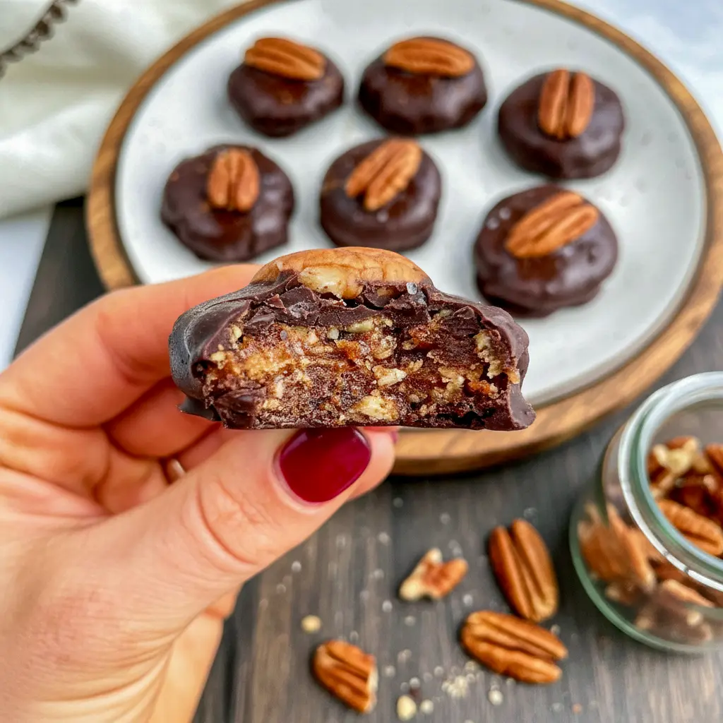Chocolate-coated pecan-date bites on parchment paper, one cut open to show a sticky, caramel-like center, Healthy Dessert Bites.