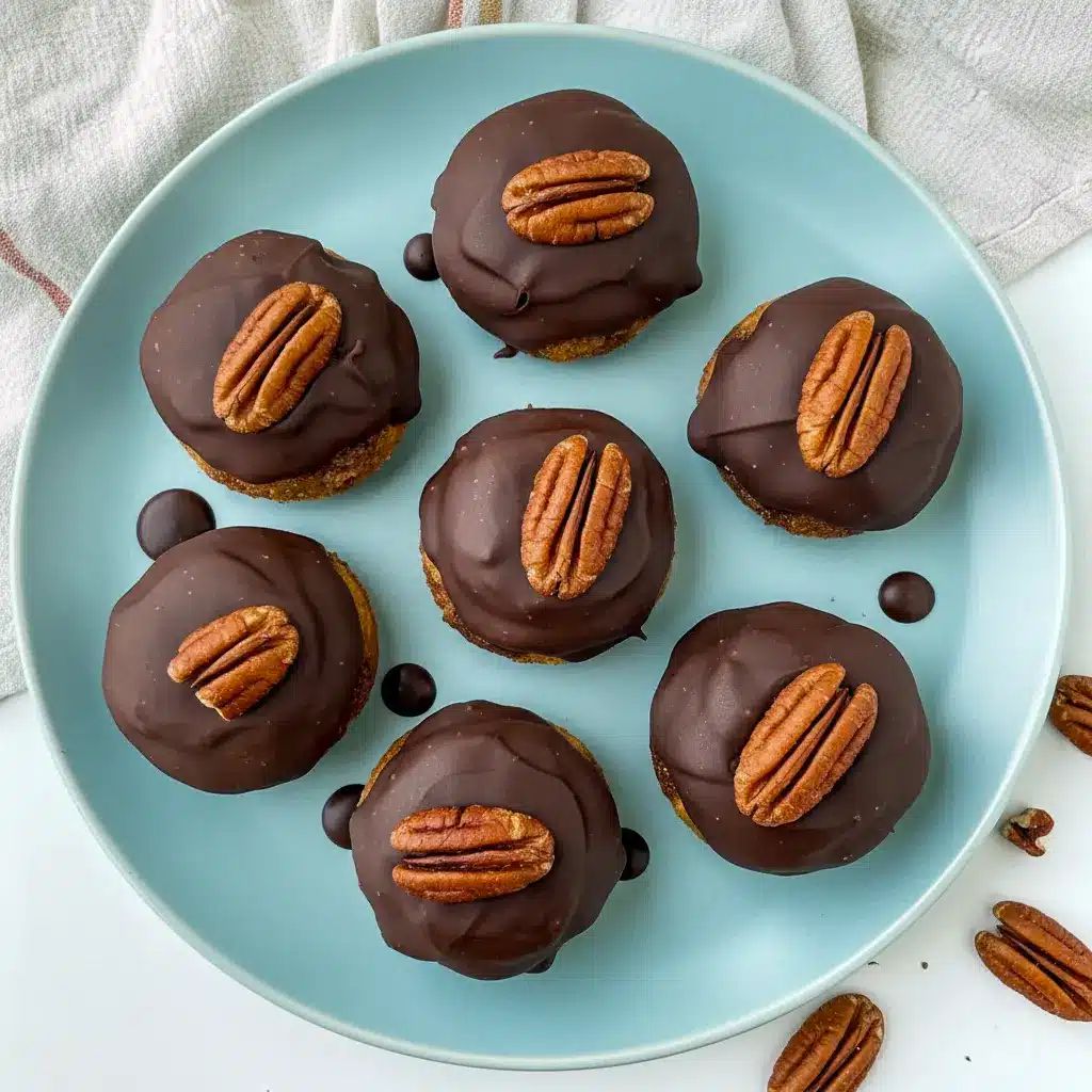 Chocolate-coated pecan-date bites on parchment paper, one cut open to show a sticky, caramel-like center, Healthy Dessert Bites.