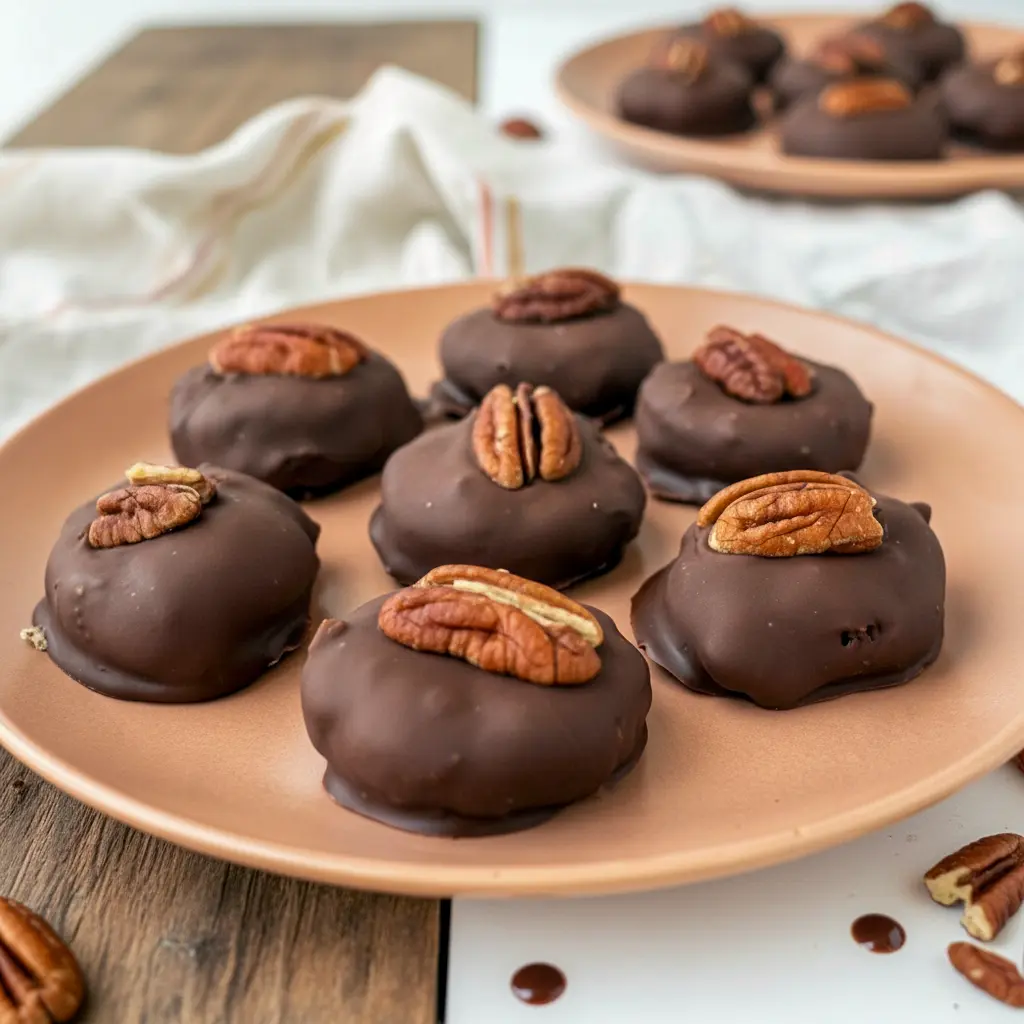 Chocolate-coated pecan-date bites on parchment paper, one cut open to show a sticky, caramel-like center, Healthy Dessert Bites.