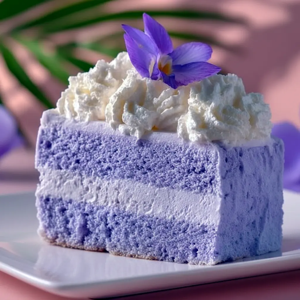 Ube Recipe slice of pastel purple taro-ube chiffon cake with whipped ube topping on a white plate.