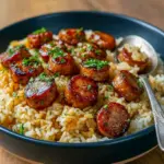 Skillet of sliced Cajun sausage, red and green bell peppers, and golden rice coated in a glossy honey-garlic sauce, garnished with parsley, Cajun Sausage Recipe.