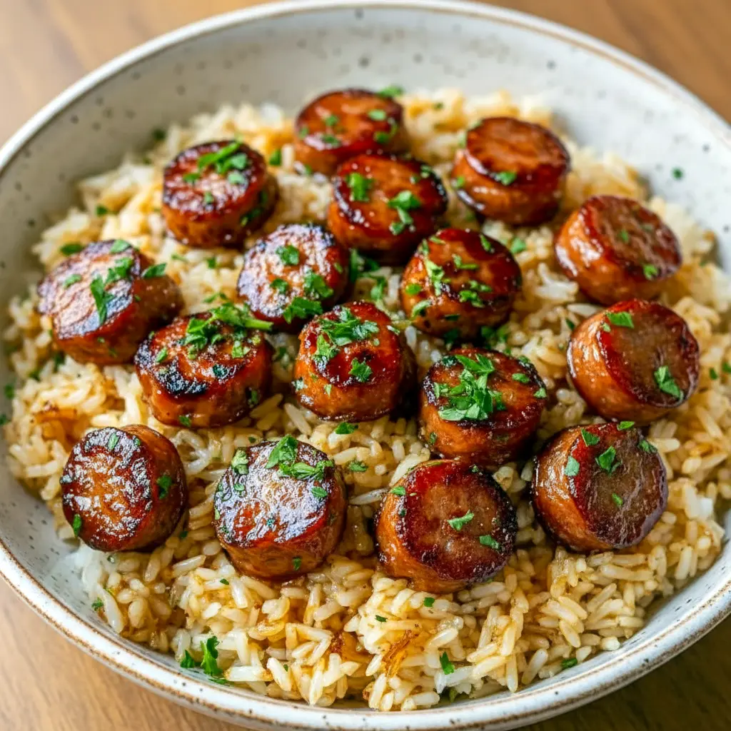 Skillet of sliced Cajun sausage, red and green bell peppers, and golden rice coated in a glossy honey-garlic sauce, garnished with parsley, Cajun Sausage Recipe.