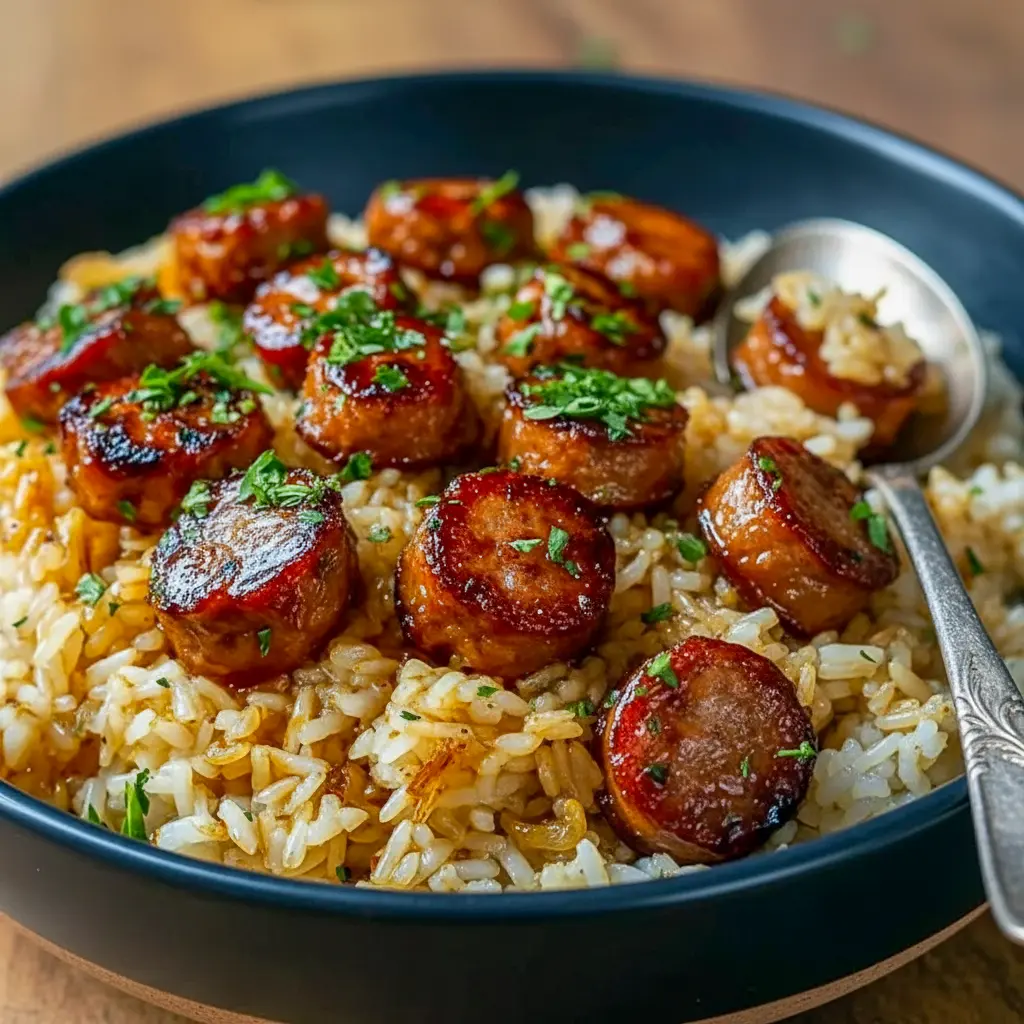 Skillet of sliced Cajun sausage, red and green bell peppers, and golden rice coated in a glossy honey-garlic sauce, garnished with parsley, Cajun Sausage Recipe.