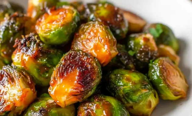 Close-up of Maple Glazed Brussel Sprouts with glossy caramelized edges and orange zest on a rustic serving plate.