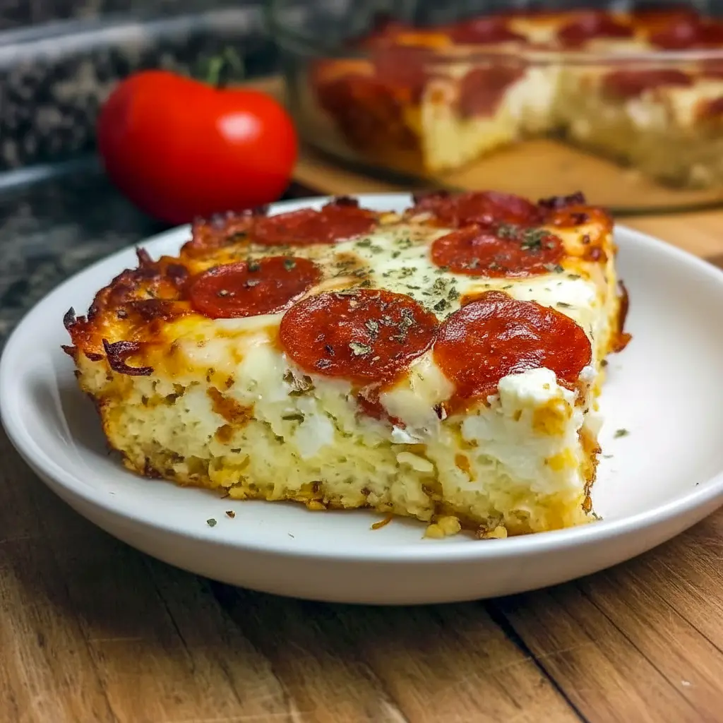Sliced pizza-style cottage cheese bake in a baking dish, golden melted cheese, pepperoni and herbs on top, served with a small bowl of marinara for dipping, Meals With Cottage Cheese.