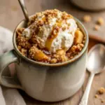 Warm single-serving apple crisp in a mug topped with a golden oat crumble and a light dusting of cinnamon, with a spoon resting beside it, Protein Apple Crisp.