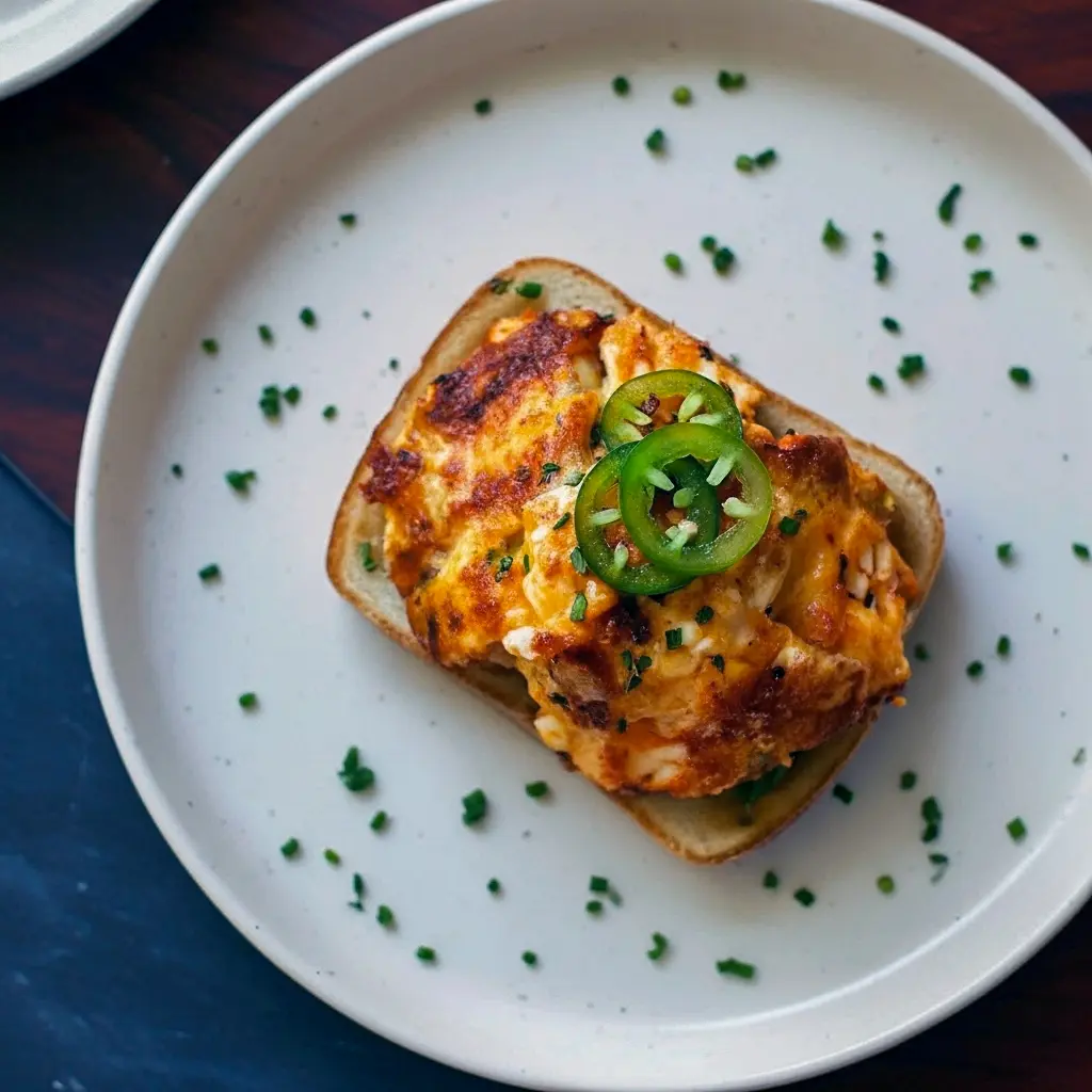 Golden-brown egg salad cakes stacked on toasted sourdough with mashed avocado and jalapeño slices, skillet in the background, Crispy Egg Salad.