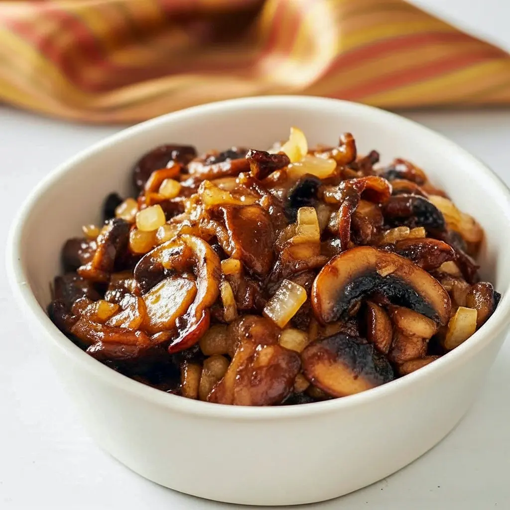 Golden sautéed mushrooms and onions in a skillet, glossy and ready to spoon over a grilled steak, Caramelized Onions And Mushrooms.