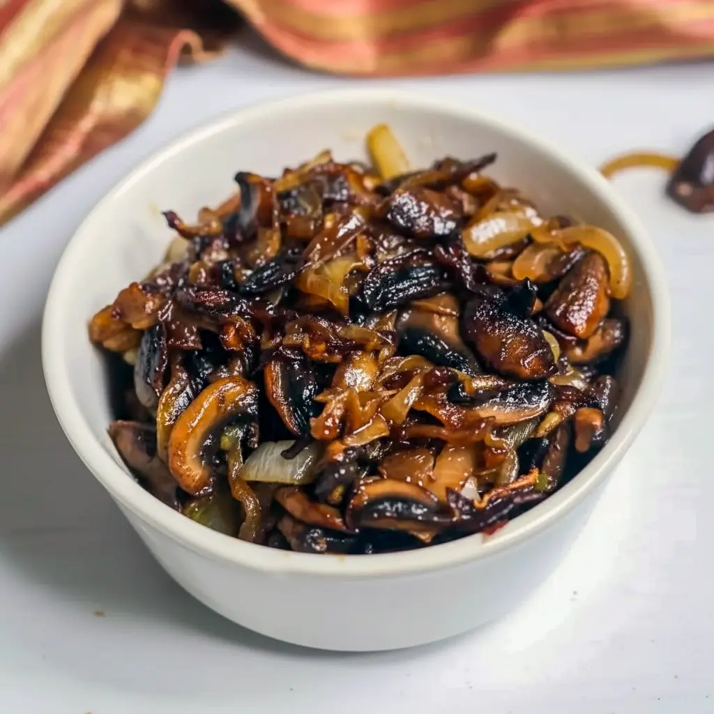 Golden sautéed mushrooms and onions in a skillet, glossy and ready to spoon over a grilled steak, Caramelized Onions And Mushrooms.