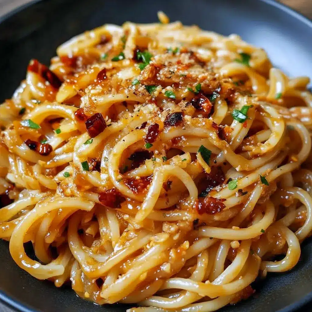 Close-up of spaghetti tossed with jammy onions and chili oil, sprinkled with Parmesan and herbs — a Vegetarische Rezepte-friendly plate that begs “Bon Appétit.” Styled for cozy Italian Recipes boards and tagged as an easy Pasta Recipes pick, Pasta Dinner Recipes.