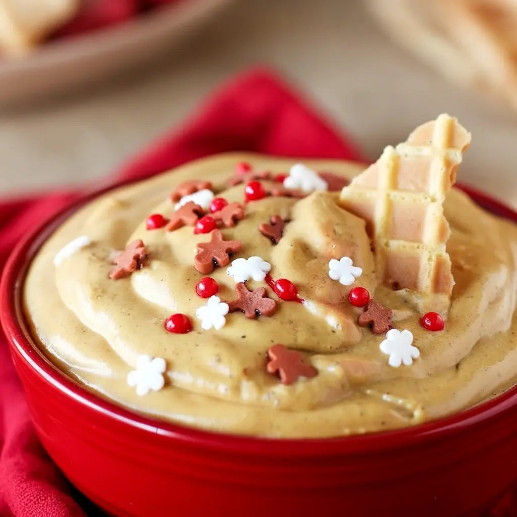 Bowl of creamy gingerbread dip topped with festive sprinkles, surrounded by mini Nilla wafers and graham crackers on a wooden board, Winter Dip Recipes.