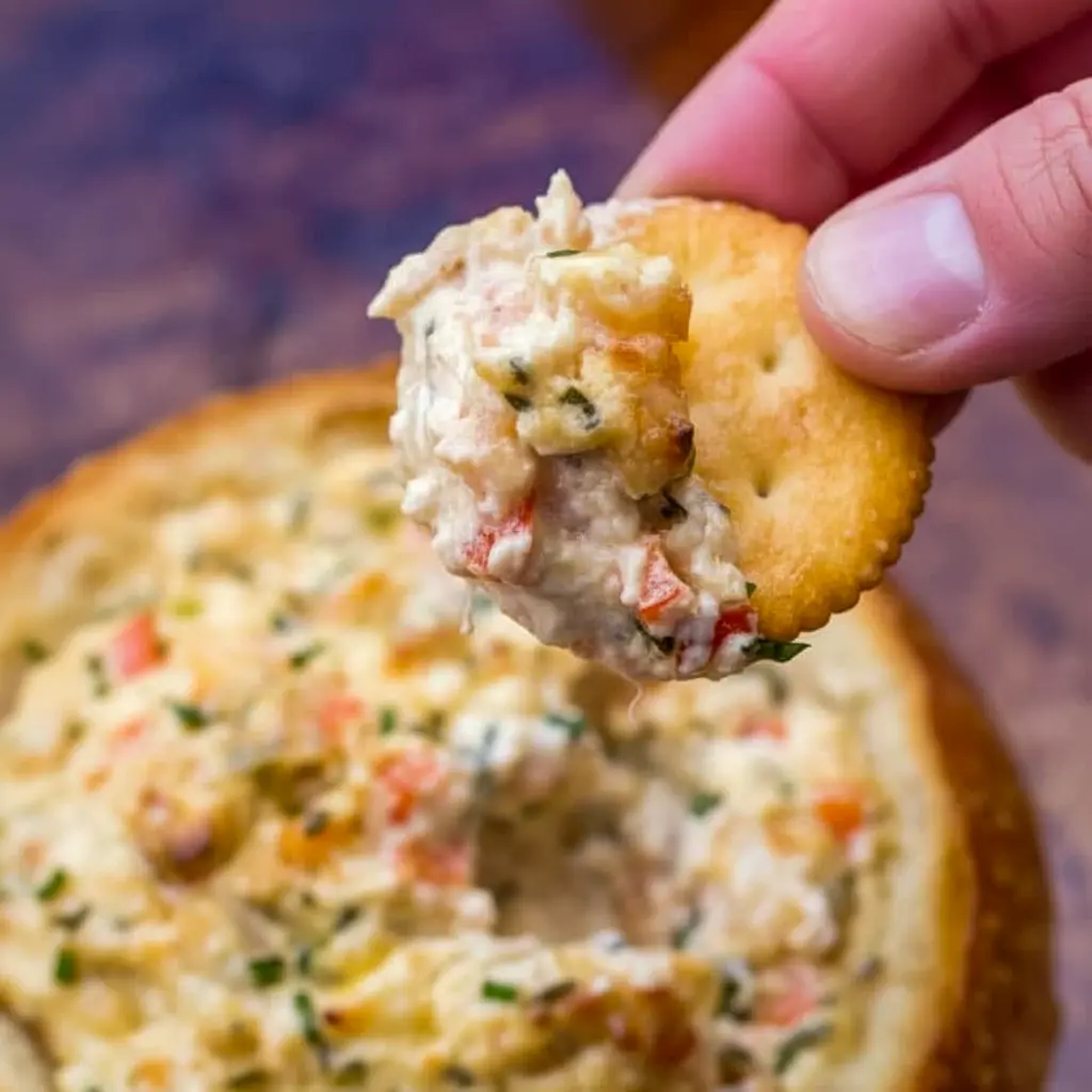 Bubbly spicy shrimp dip baked in a hollowed sourdough loaf, golden top with visible red pepper and chives, toasted baguette slices arranged beside it, Spicy Louisiana Shrimp Dip.