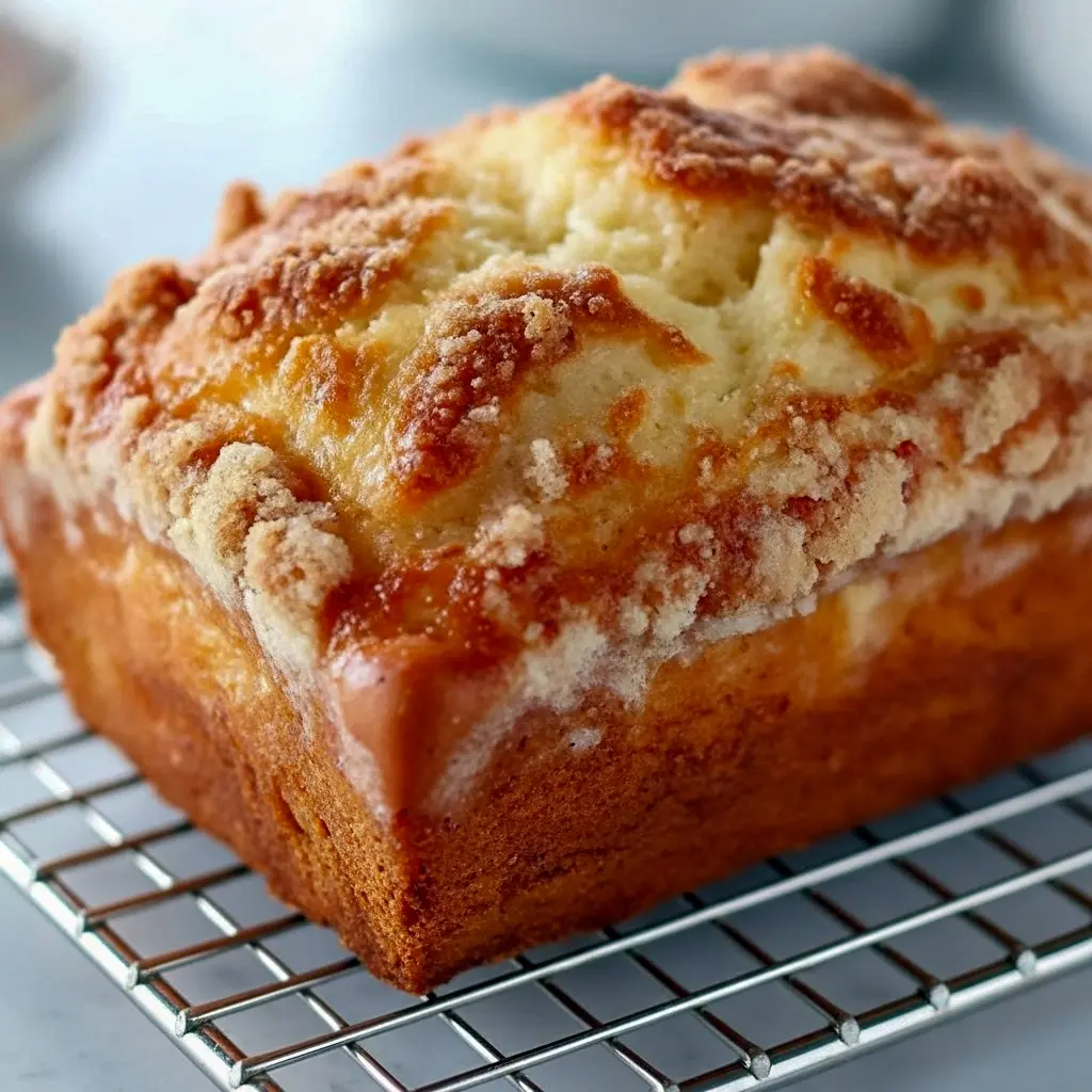 Sliced Eggnog Bread on a wooden board, showing moist crumb and cinnamon streusel — a festive addition to Holiday Loaf Recipes and ideal for holiday brunch or gifting.