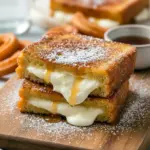 Close-up of golden Toast Recipes — churro-stuffed French toast coated in cinnamon sugar with a drizzle of syrup; a perfect Baked Dessert Recipes-style brunch treat.