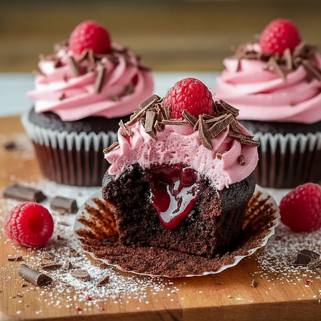Close-up of Chocolate Lava Cupcakes split open to show a molten raspberry center, piped raspberry buttercream, fresh raspberry, and dark chocolate shavings on top.