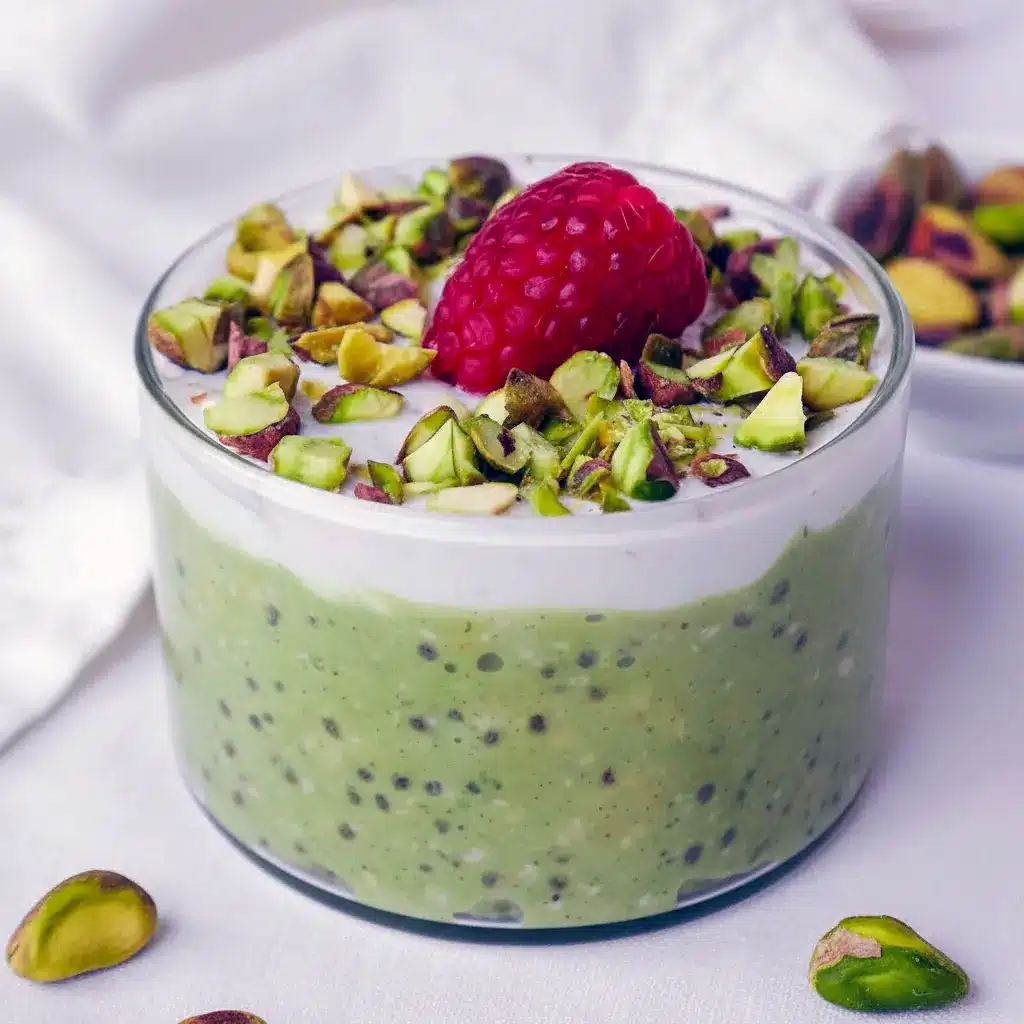 Jar of Raspberry Pistachio Overnight Oats layered with dairy-free yogurt, fresh raspberries, and chopped pistachios — a portable Overnight Oats Plant Based breakfast.