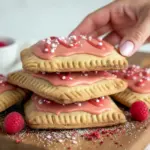 Two glazed High Protein Gluten Free raspberry protein pop tarts on parchment paper, one split open to show the jammy chia-collagen filling.