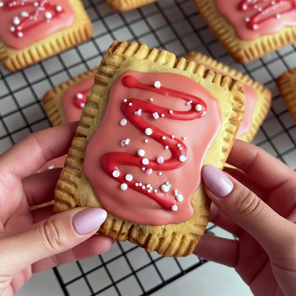Two glazed High Protein Gluten Free raspberry protein pop tarts on parchment paper, one split open to show the jammy chia-collagen filling.
