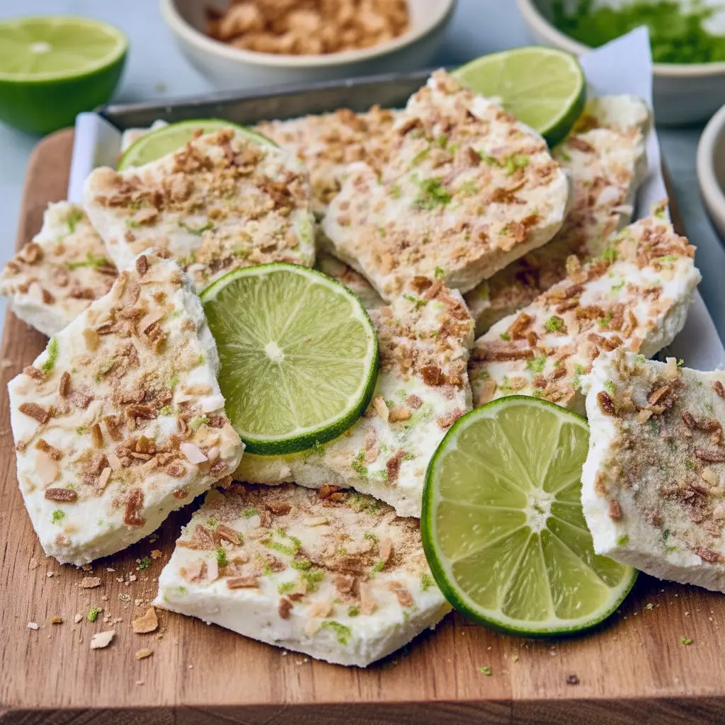 Protein Summer Recipes — frozen key lime yogurt bark pieces on parchment, topped with crushed graham crackers and toasted coconut, ready to grab from the freezer.