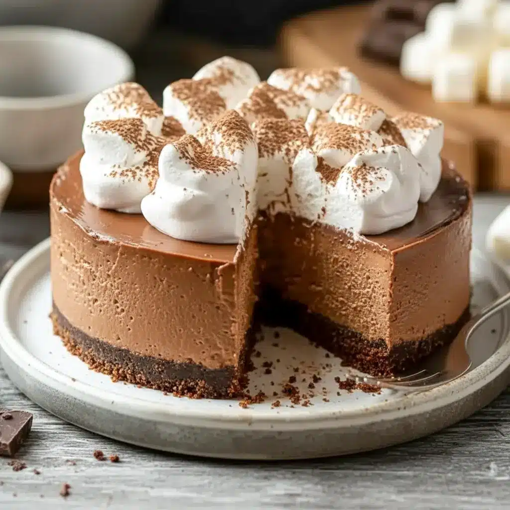 Slice of hot cocoa cheesecake topped with marshmallow whipped cream, chocolate shavings, and a dusting of cocoa on a festive serving plate.