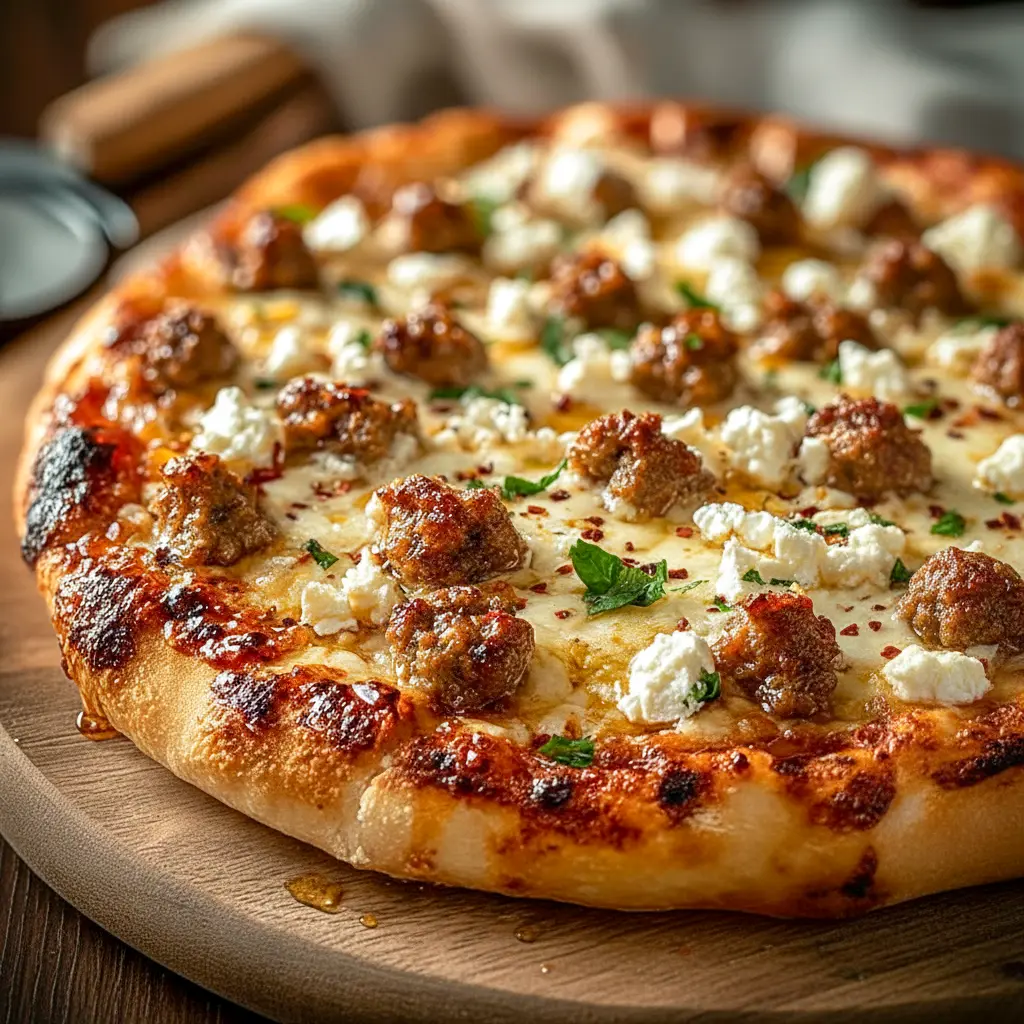 Close-up of a Specialty Pizza slice topped with crumbled feta, browned Italian sausage, thin red onions and a honey drizzle — a gourmet Fancy Pizza Toppings combo.