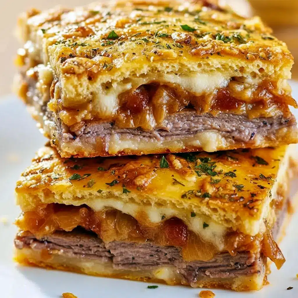 Stacked golden French Dip Squares on a white plate with melted cheese and caramelized onions, a small bowl of steaming au jus for dipping in the background, Holiday Dinner Inspiration.
