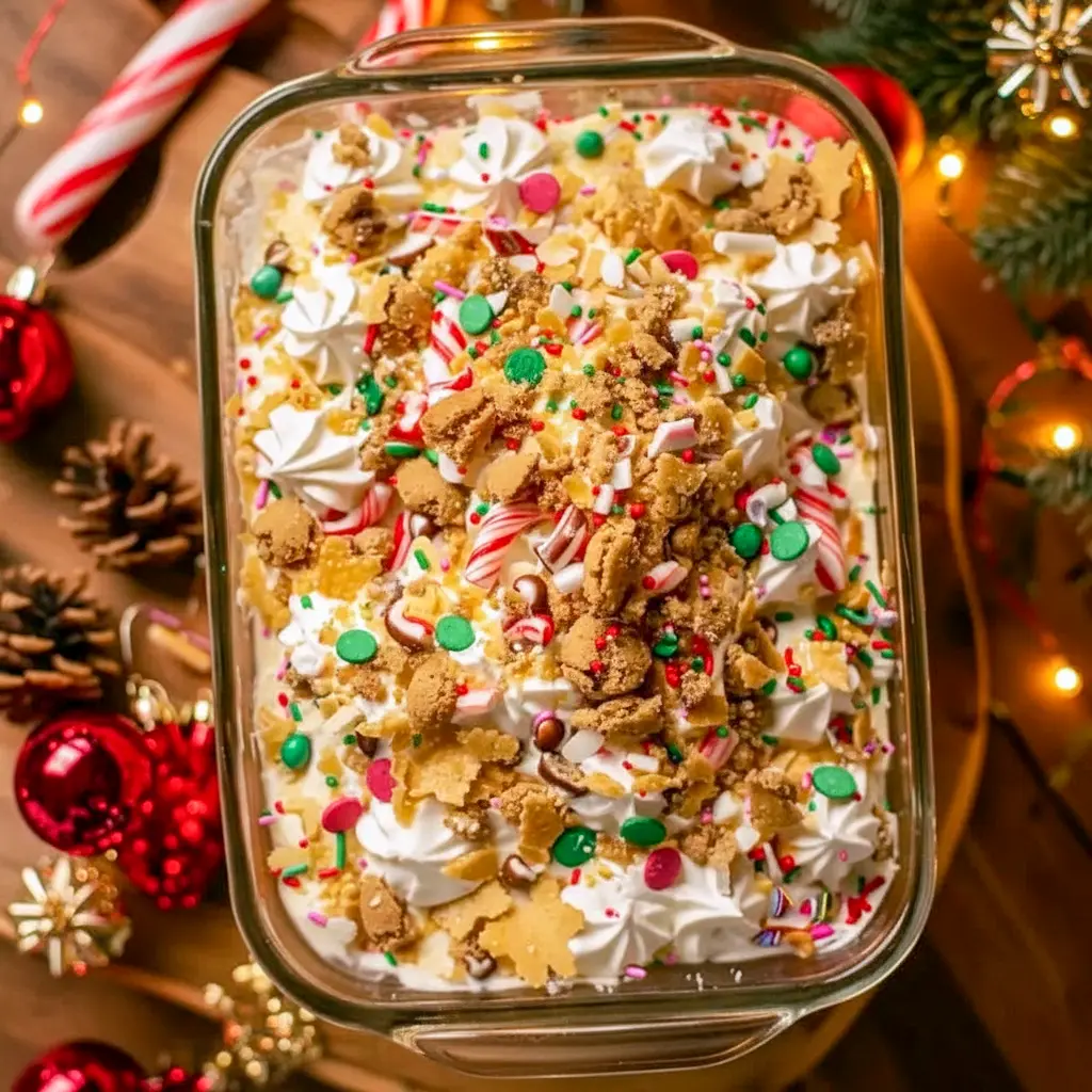 Close-up of a no-bake cookie lasagna in an 8×8 dish layered with crushed holiday cookies, creamy cheesecake filling, vanilla pudding, and whipped topping, garnished with crushed cookies and festive sprinkles, Holiday Cooking.