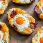 Close-up of twice-baked russet potato halves filled with creamy mashed potato, melted cheddar, crispy bacon, and a soft-baked egg, garnished with chopped chives, Breakfast To Impress.