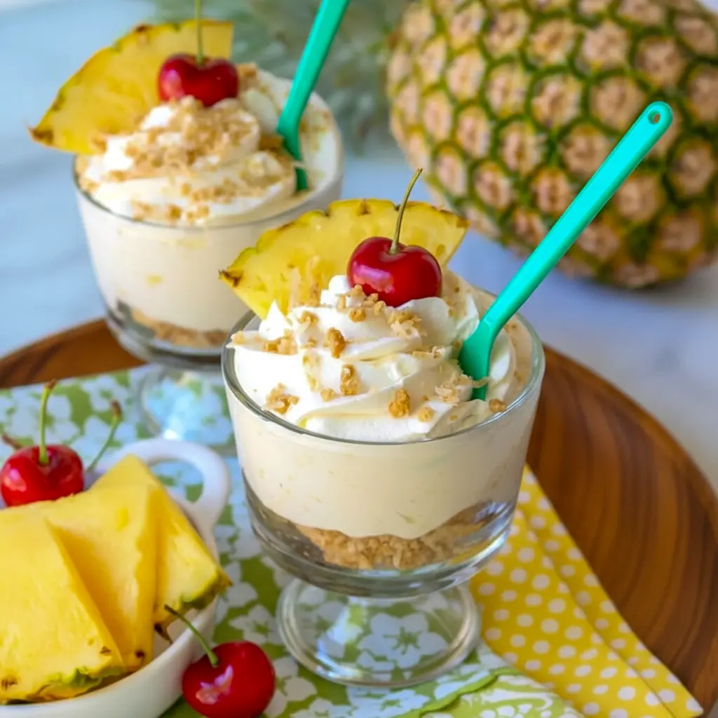 Glass of pina colada cheesecake mousse with toasted coconut crumble, whipped cream, pineapple slice and cherry garnish on a tropical napkin, Easy Tropical Desserts.