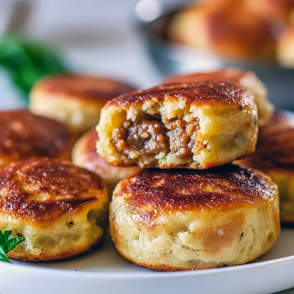 Easy Breakfast With Sausage — golden Sausage Pancake Muffins in a muffin tin, studded with browned sausage pieces and ready to pop into a lunchbox.