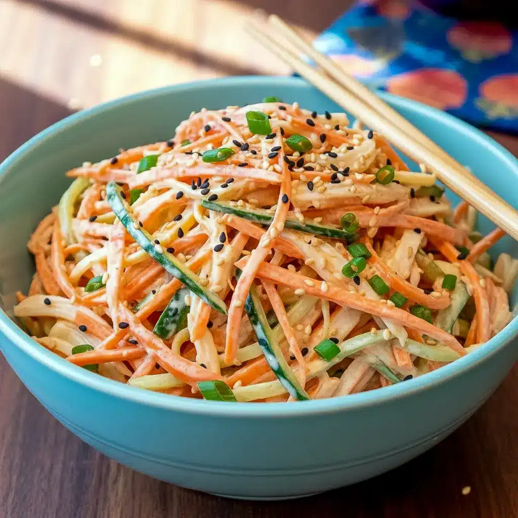 Close-up bowl of Kani Salad Recipe with shredded crab sticks, julienned cucumber and carrot, creamy spicy mayo dressing, and sesame seeds — a vibrant, chilled Japanese-style salad.