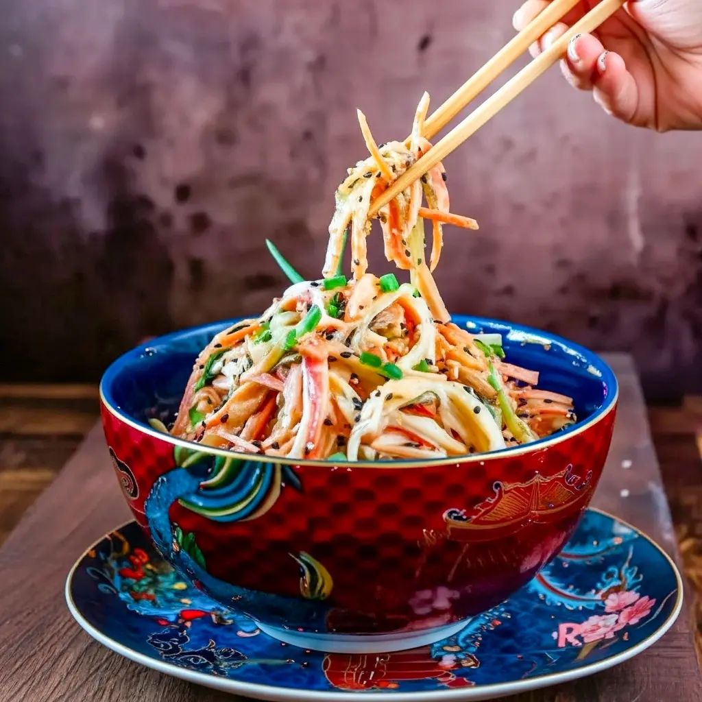 Close-up bowl of Kani Salad Recipe with shredded crab sticks, julienned cucumber and carrot, creamy spicy mayo dressing, and sesame seeds — a vibrant, chilled Japanese-style salad.