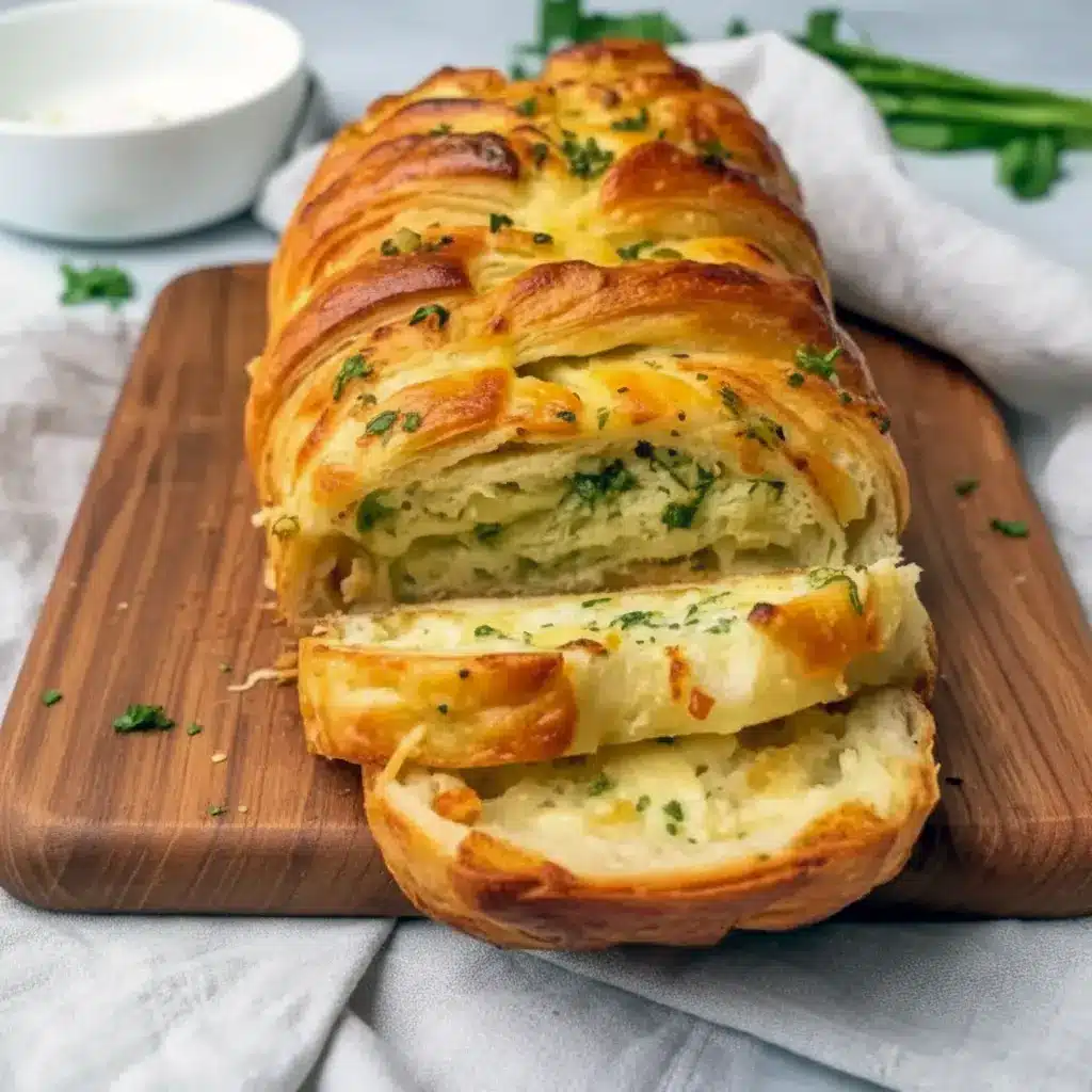 Golden pull-apart loaf layered with melted cheese, garlic butter, and parsley on a wooden board with a small bowl of marinara dip, Pull Apart Garlic Bread.