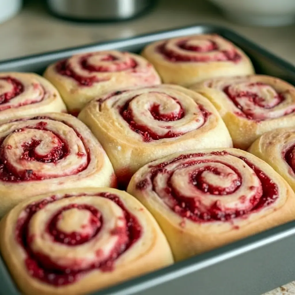 Freshly baked Sourdough Raspberry Lemon Rolls Recipe arranged in a baking dish, showcasing golden swirls of Raspberry Sourdough filled with jammy fruit, inspired by classic Sourdough Raspberry Roll Recipe techniques and vibrant Lemon Raspberry Sourdough flavors, perfect for fans of homemade Sourdough Raspberry Rolls and creative Sourdough Raspberry Recipes.