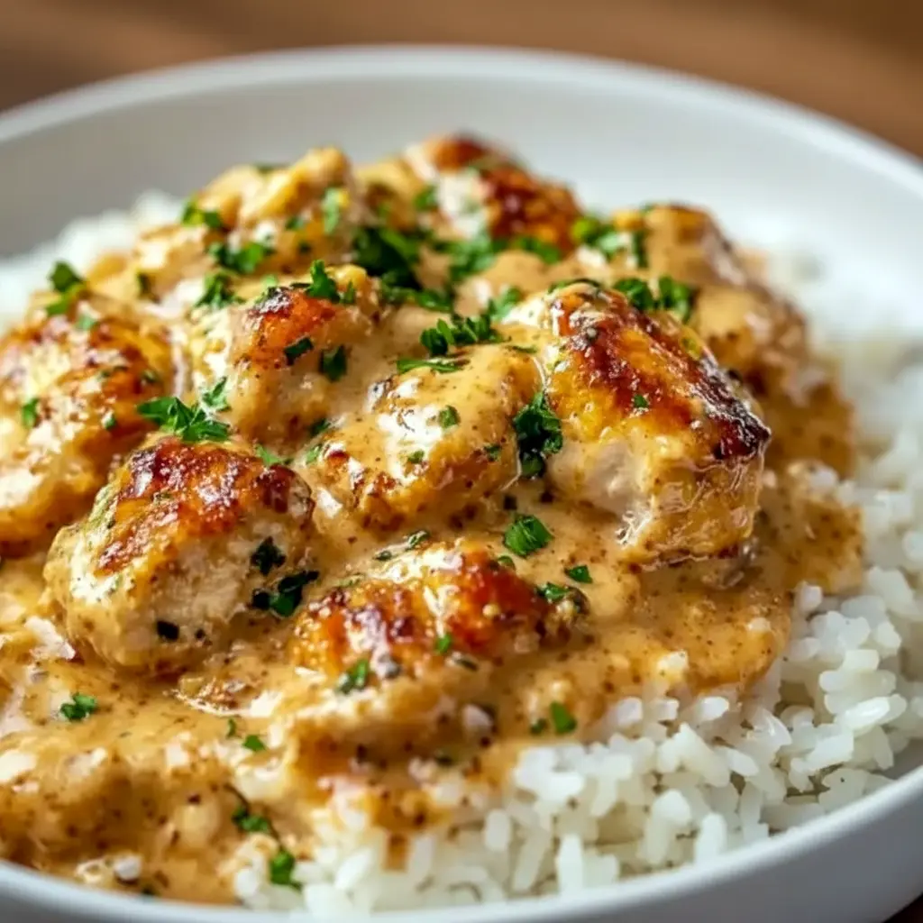 Smothered Chicken And Rice Dinner — close-up of golden chicken thighs nestled in a creamy mushroom-onion gravy over fluffy rice, garnished with chopped parsley (Homestyle Chicken And Rice Casserole).