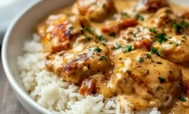 Smothered Chicken And Rice Dinner — close-up of golden chicken thighs nestled in a creamy mushroom-onion gravy over fluffy rice, garnished with chopped parsley (Homestyle Chicken And Rice Casserole).