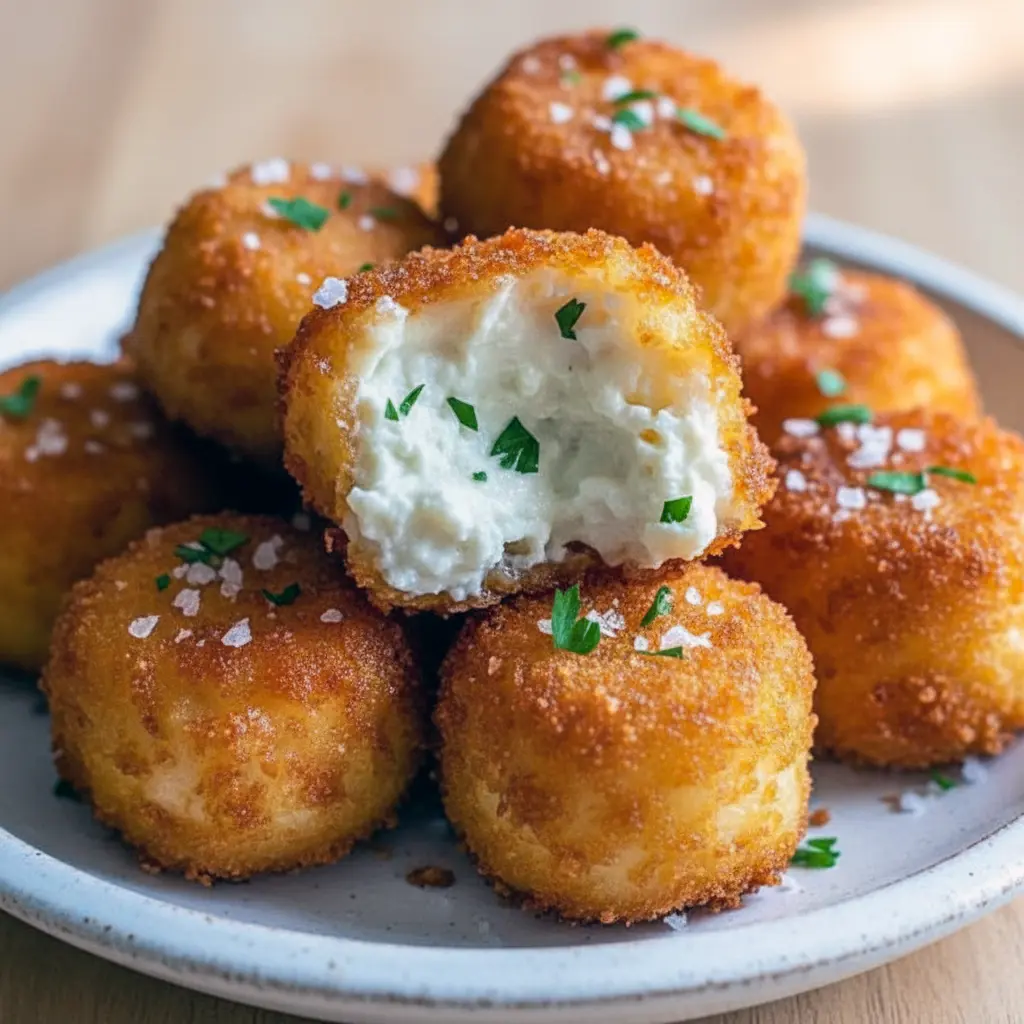 Close-up of golden Cottage Cheese Snack tots on a wooden board with a small bowl of creamy dip — a top Simple Snack Ideas pick.